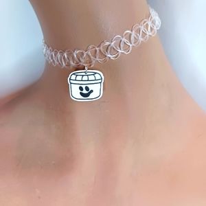 White Tattoo Choker Necklace with Ghost Boo Bucket Charm.